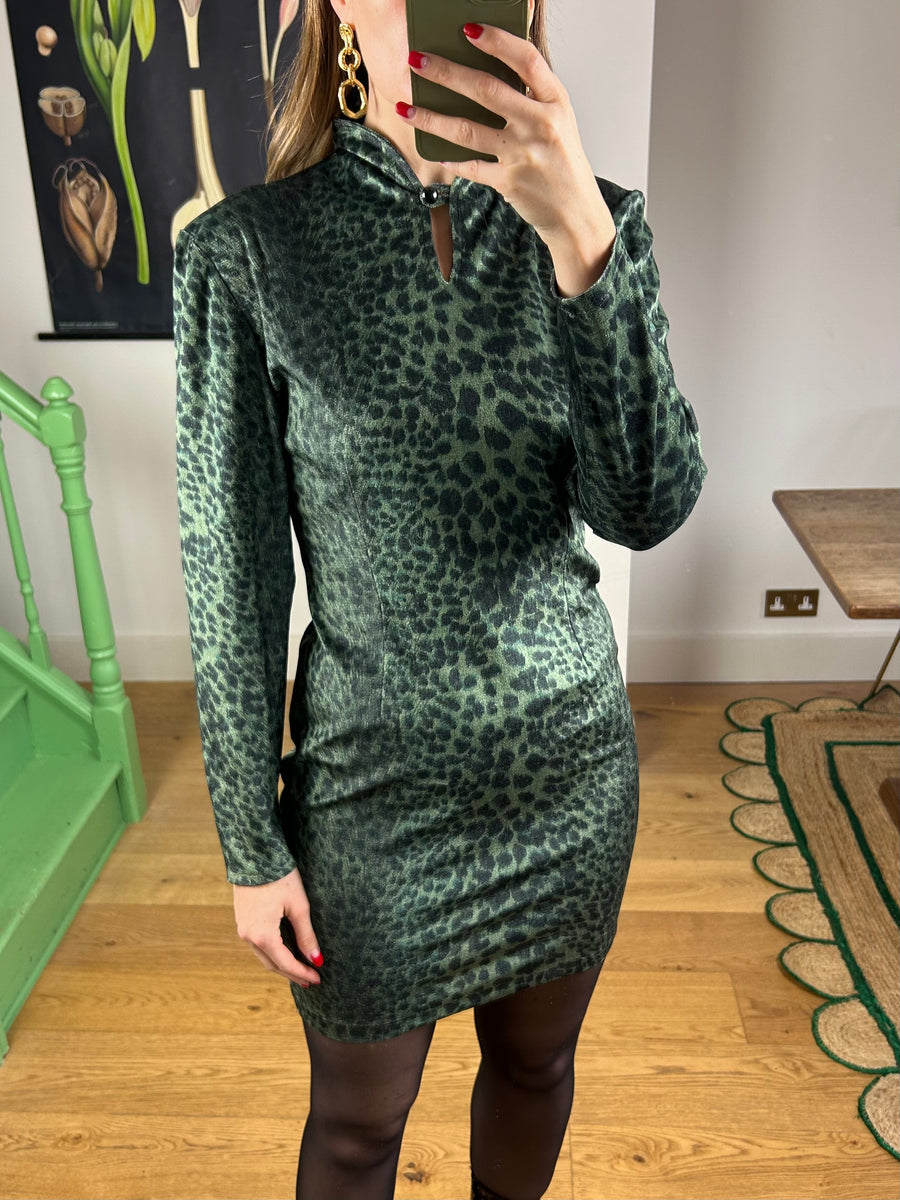 Green Leopard Velvet Dress - UK 10
