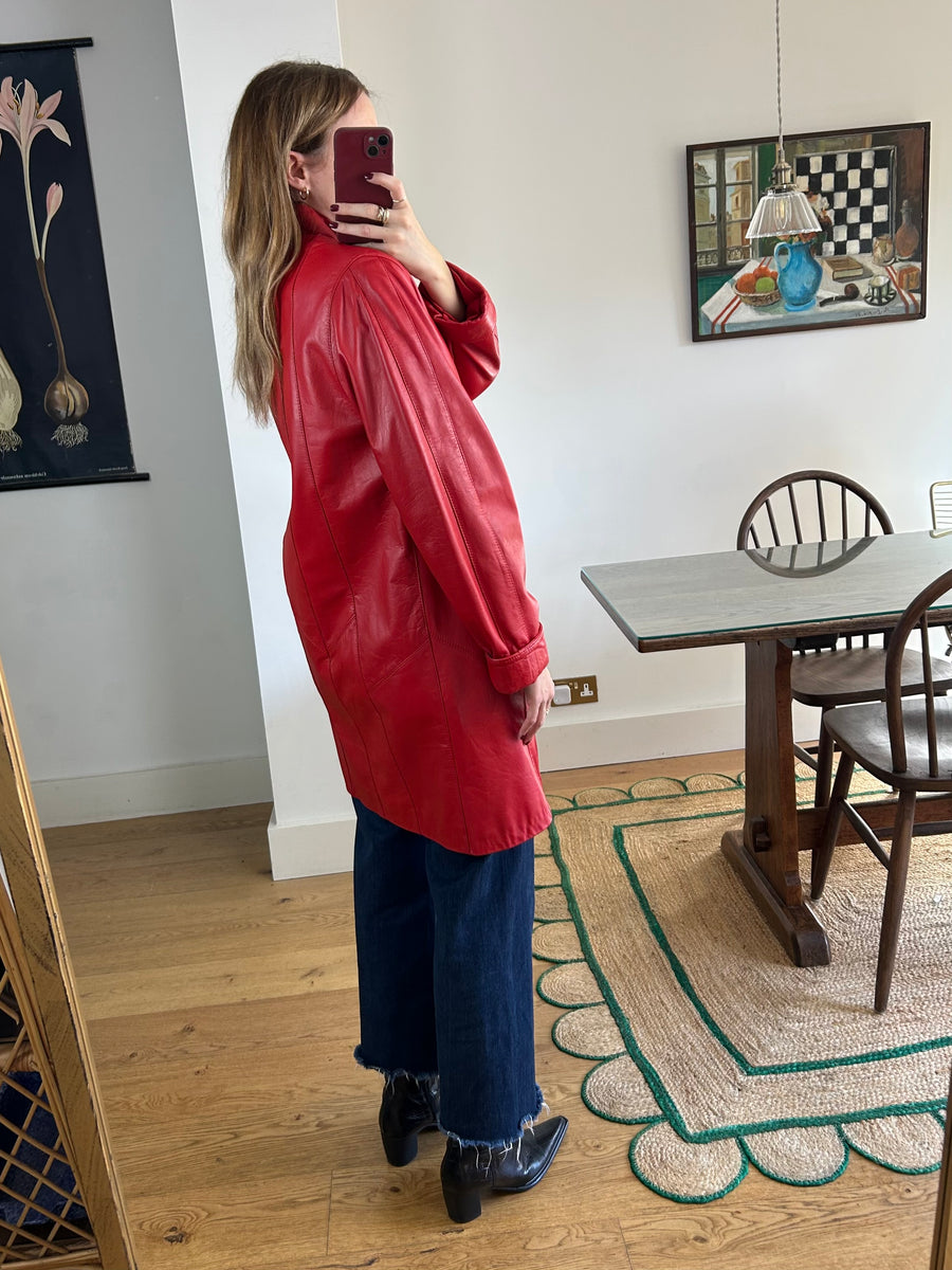 Red Leather Swing Coat - M