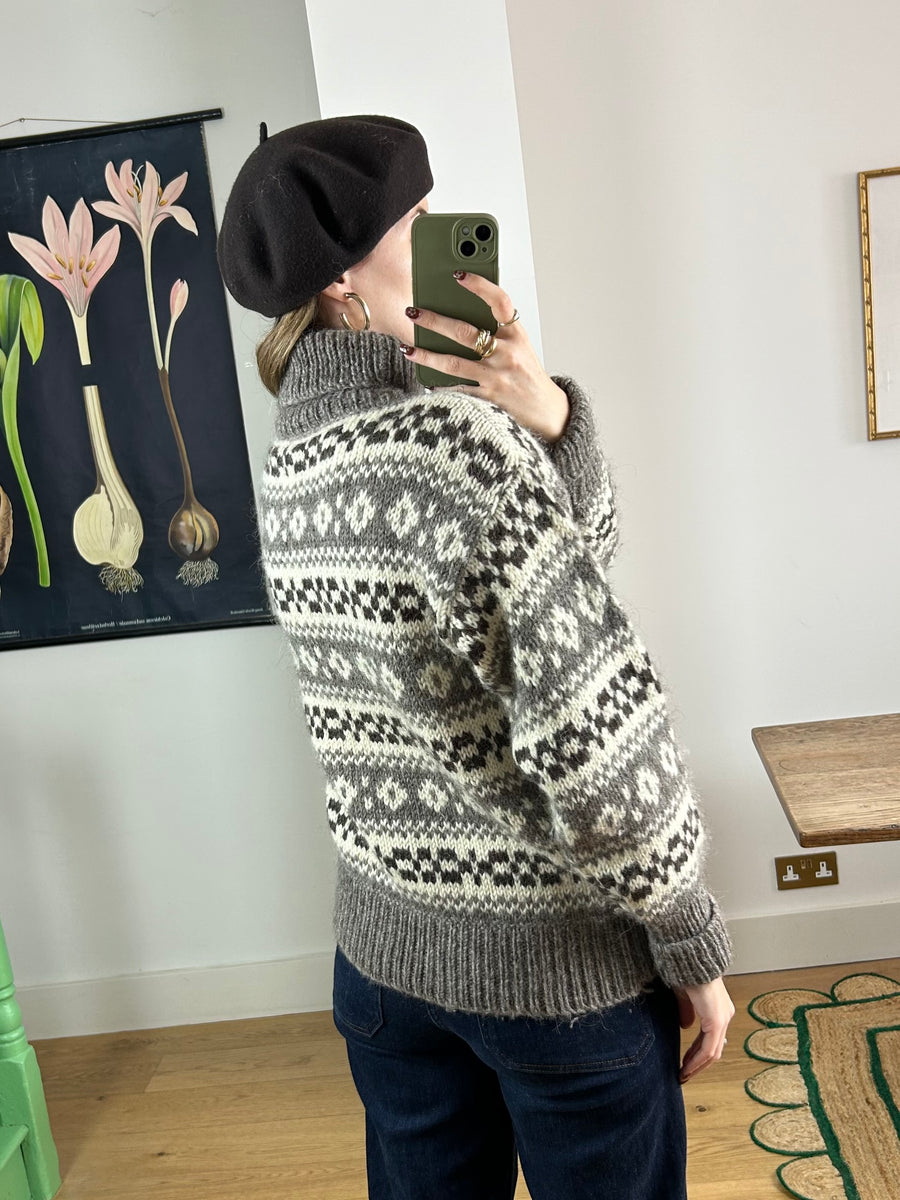 Wool Roll Neck Icelandic Jumper - M
