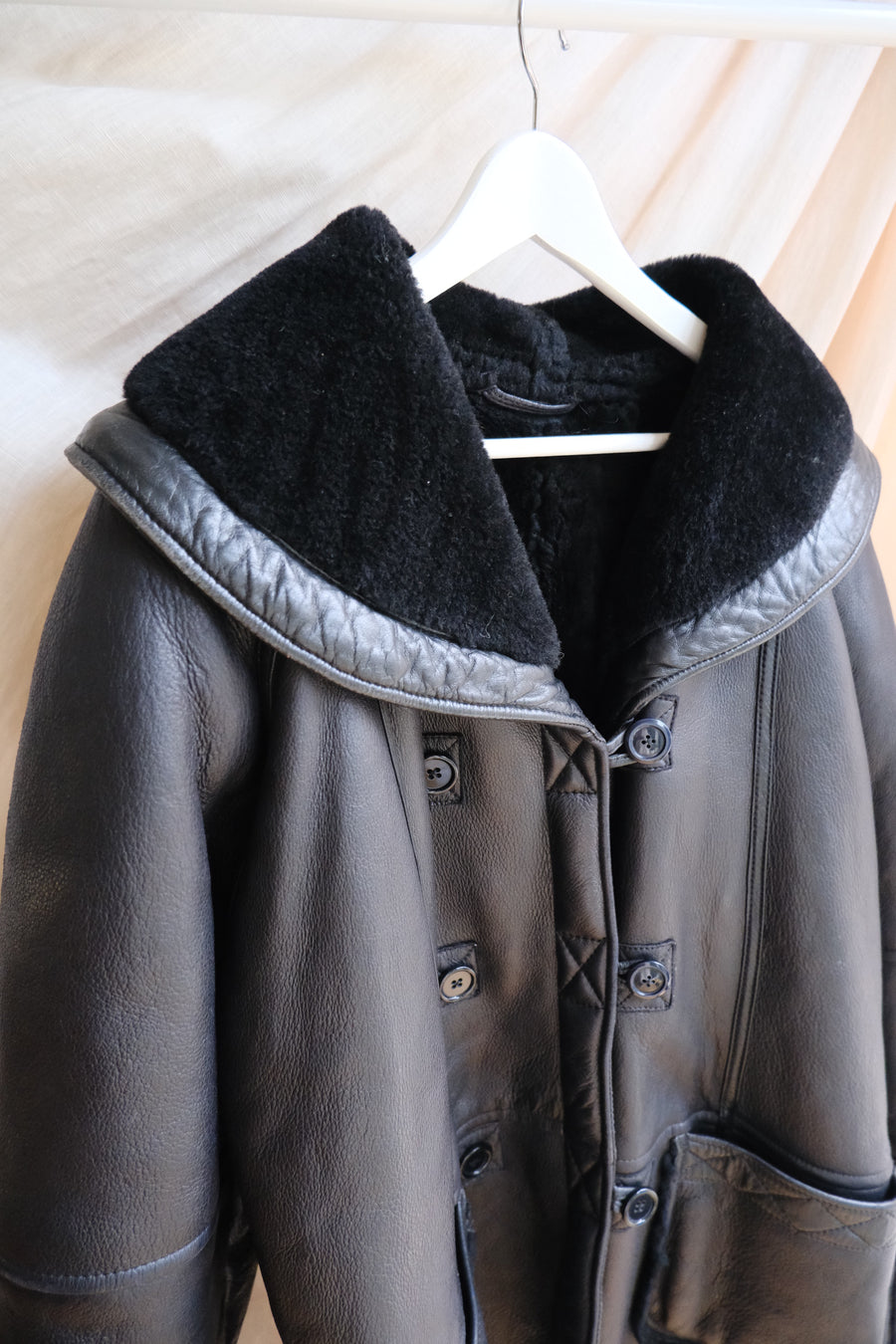 Black Leather Sheepskin Coat - L