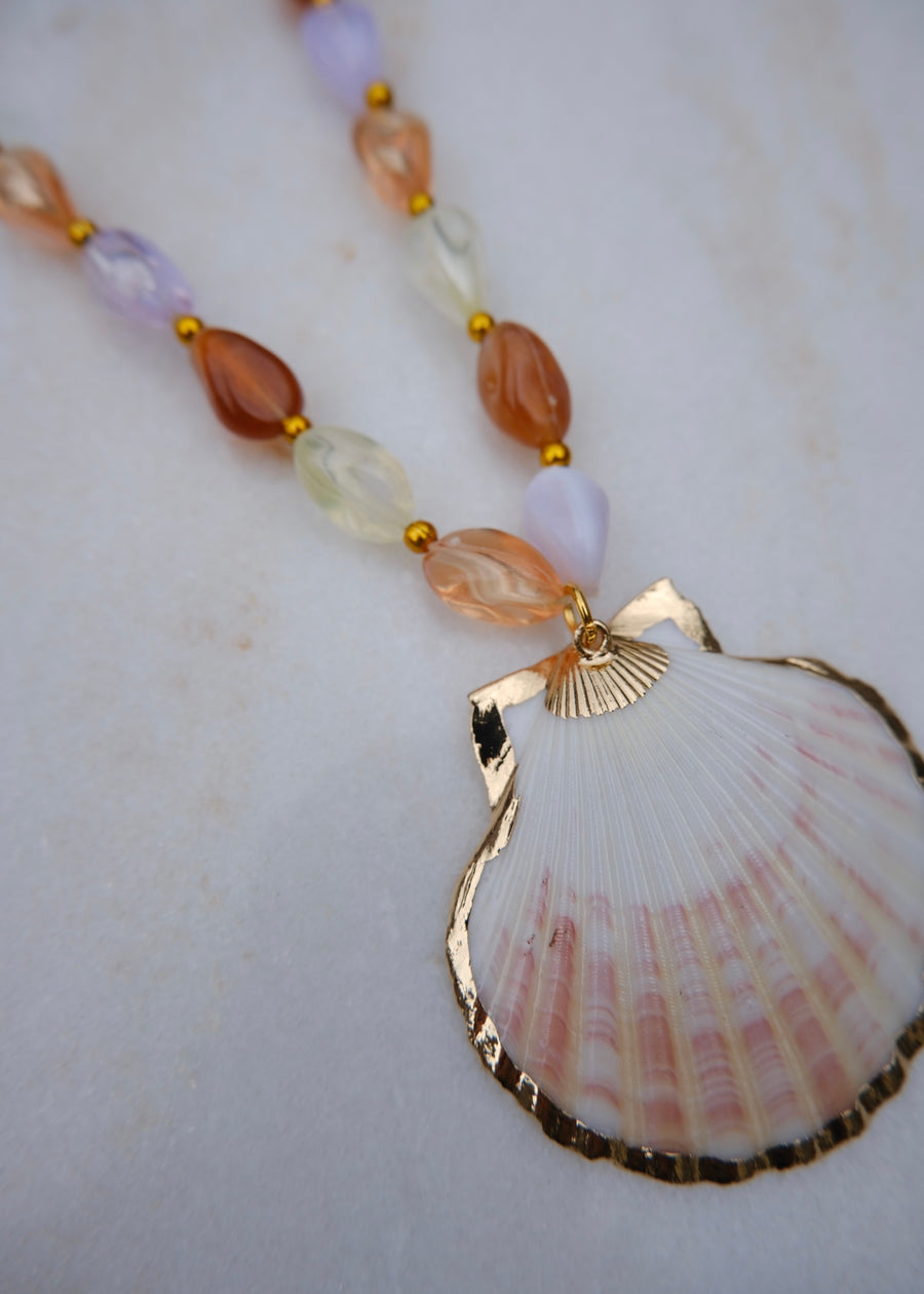 Pink Beaded Shell Pendant Necklace