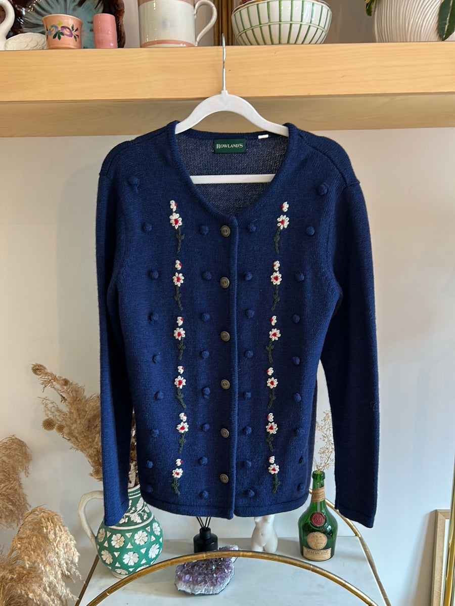 Bobble & Floral Knit Cardigan - M