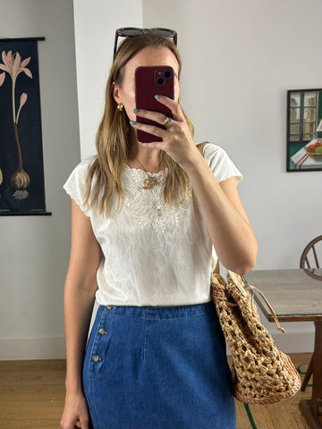 Embroidered Cream Top - M