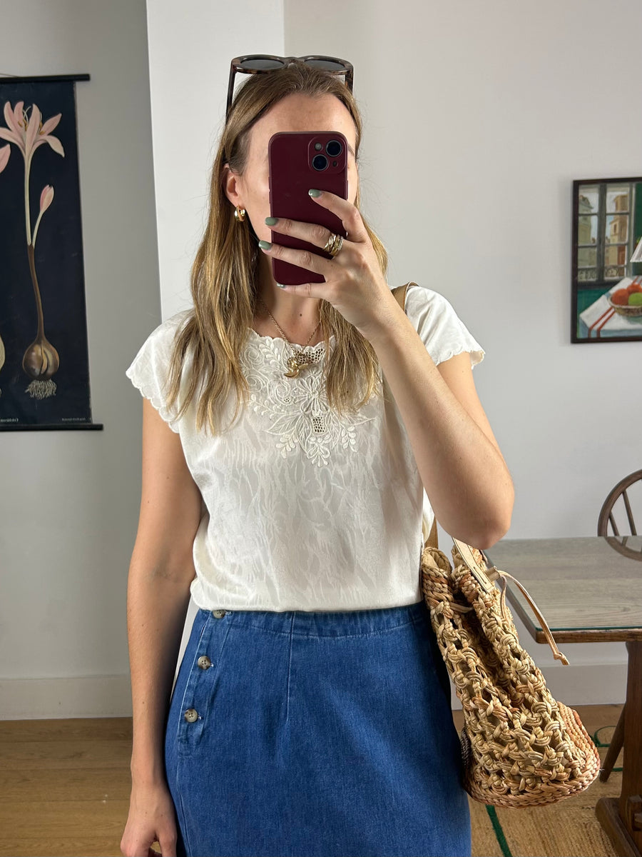 Embroidered Cream Top - M
