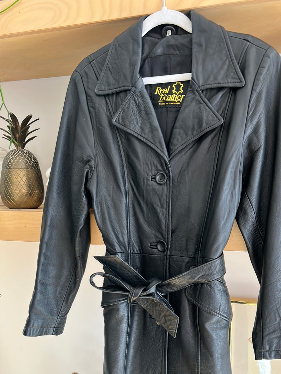 Black Leather Trench Coat - XS/S