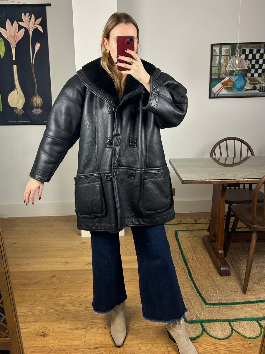 Black Leather Sheepskin Coat - L