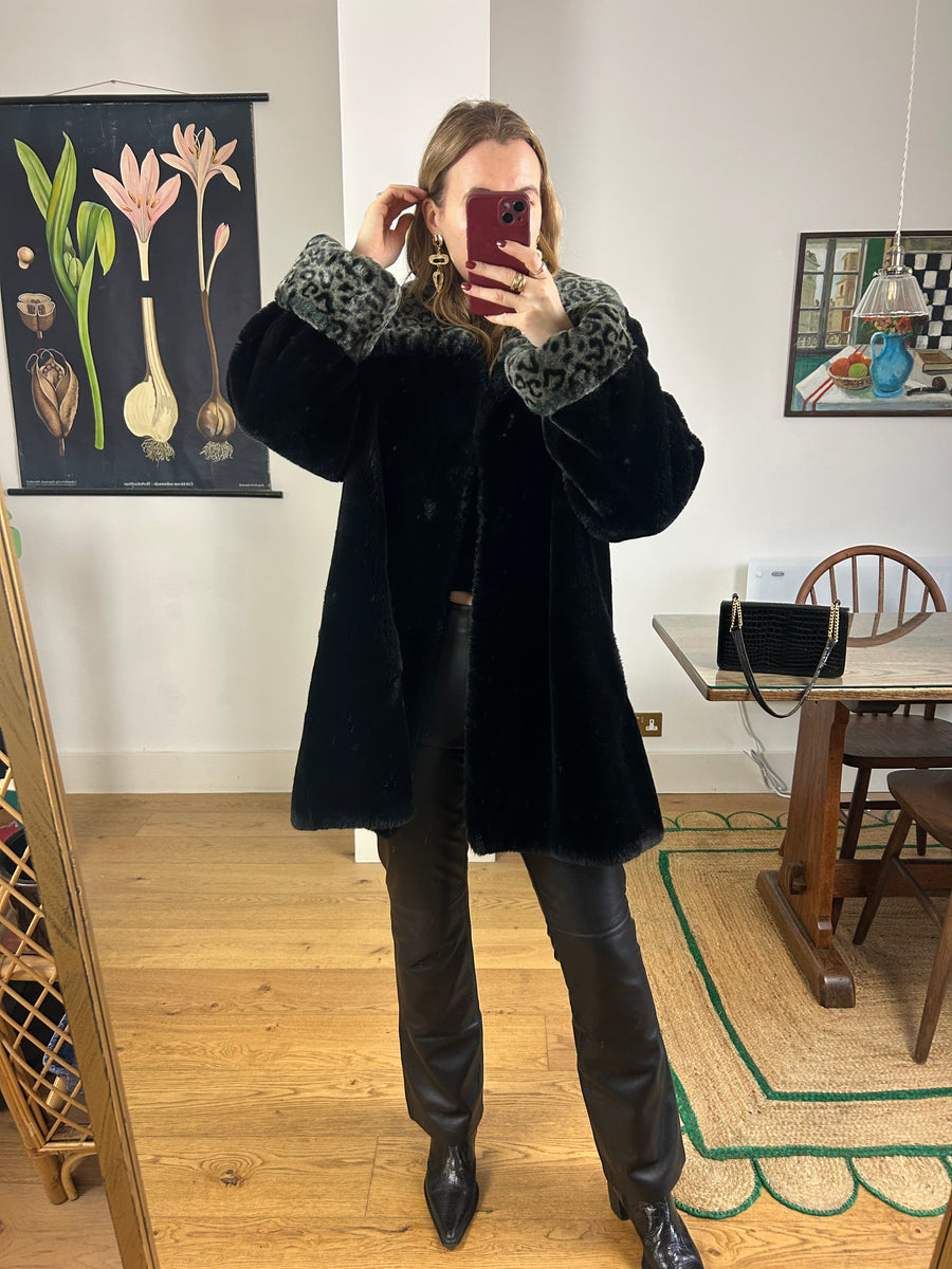 Black & Leopard Faux Fur Coat - L