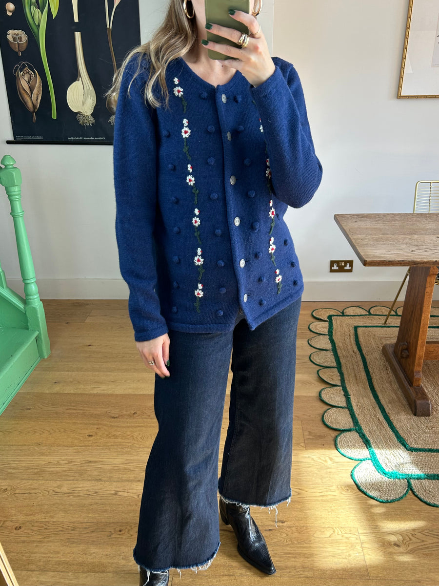 Bobble & Floral Knit Cardigan - M