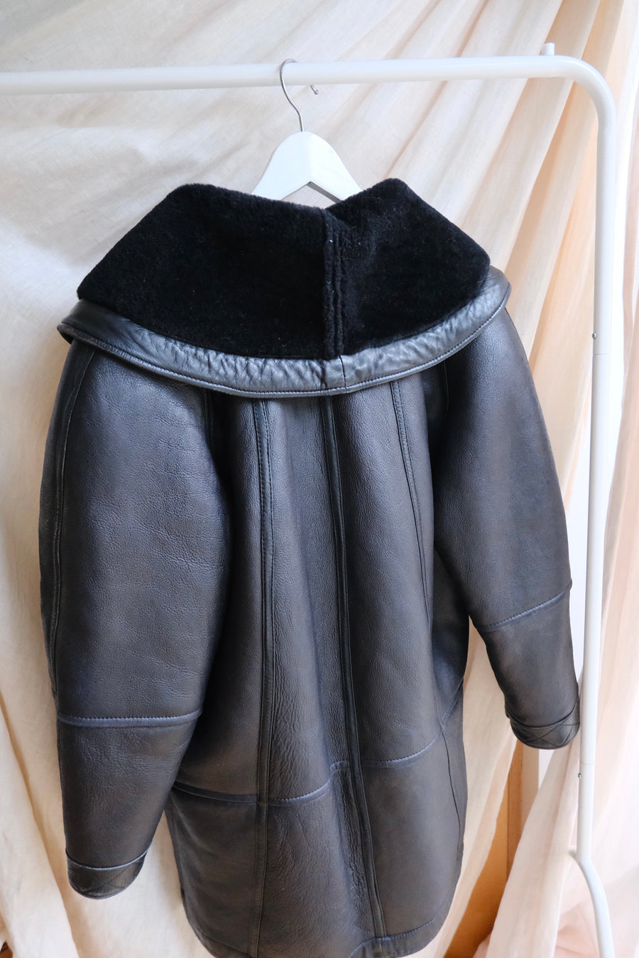 Black Leather Sheepskin Coat - L