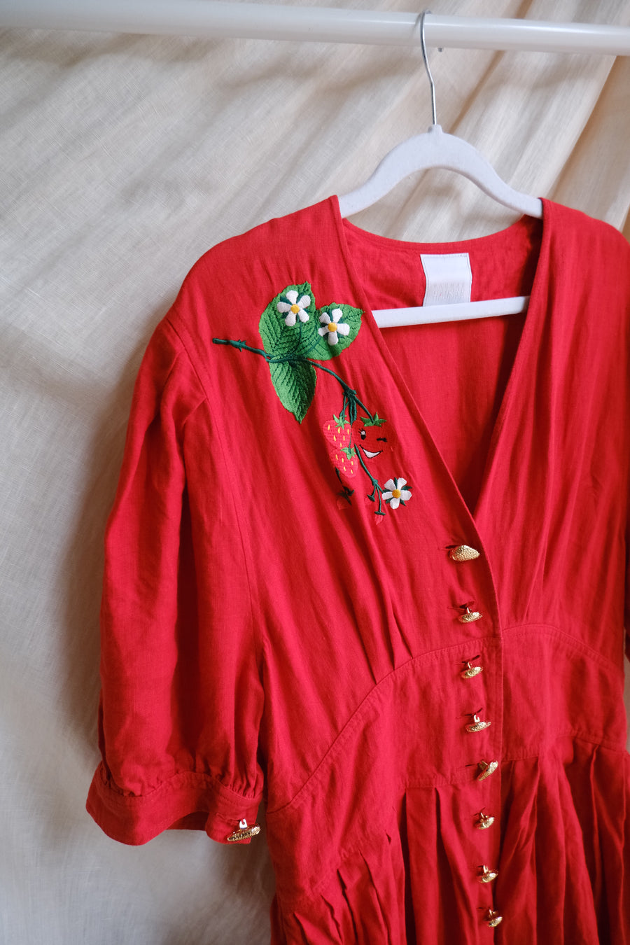 Red Linen Strawberry Dress - UK 14