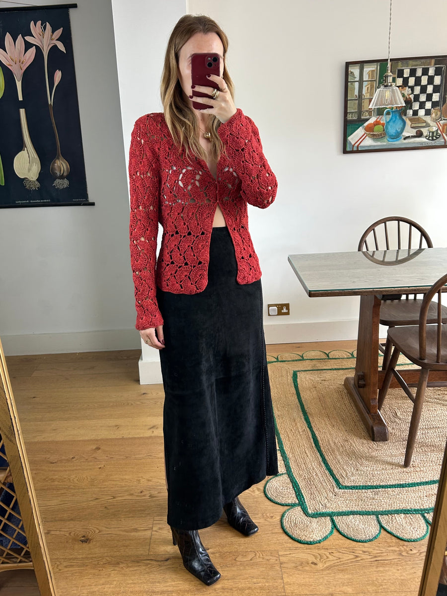 Red Crochet Cardigan - S