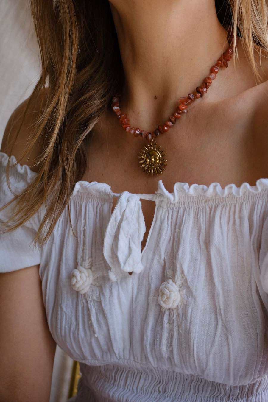 Red Agate Beaded Sun Pendant Necklace