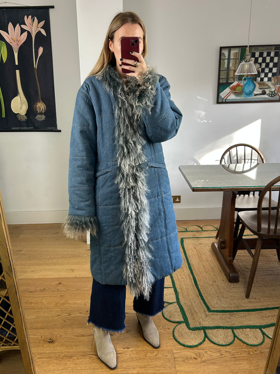 Denim Mongolian Fur Coat - M