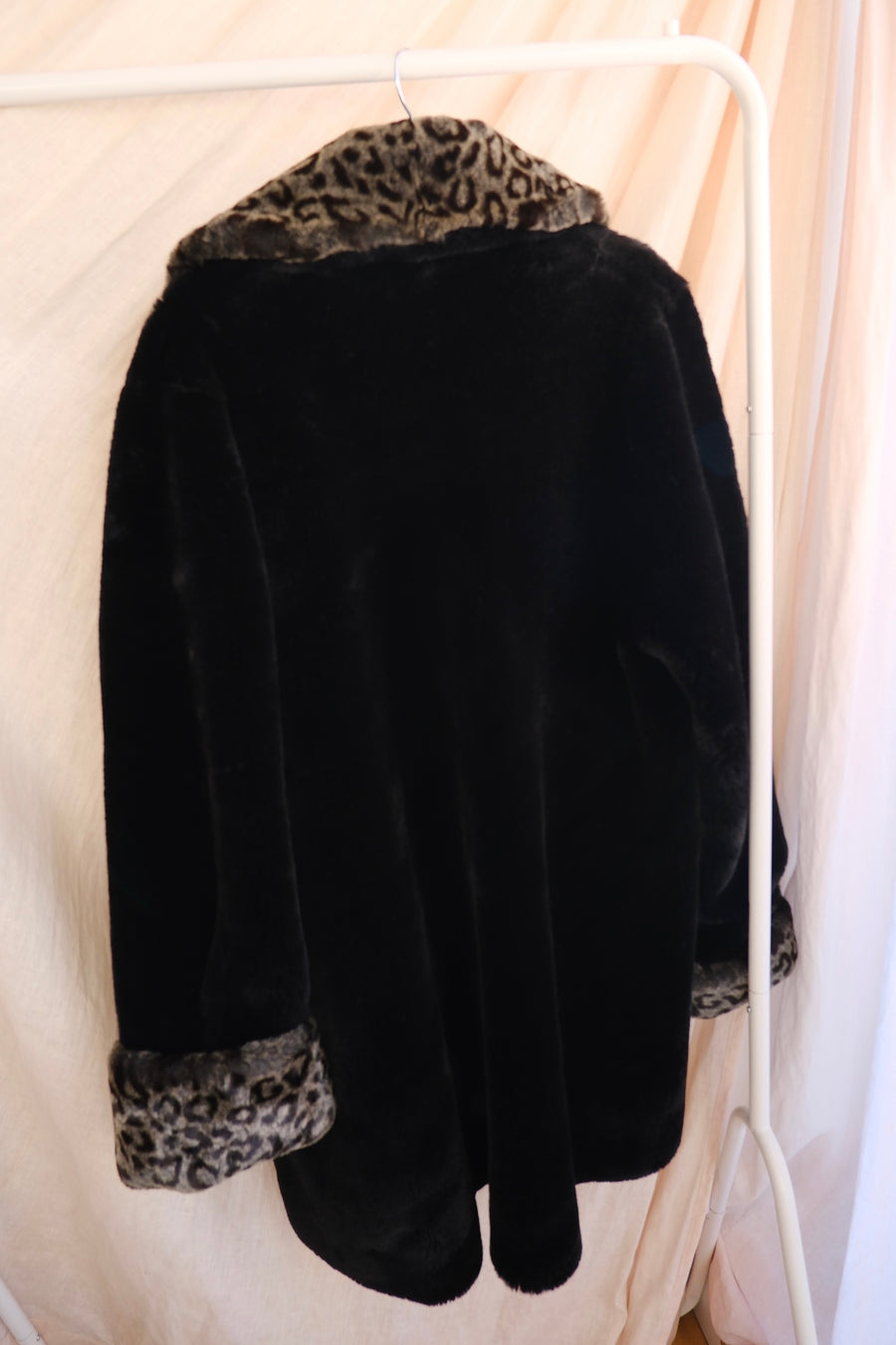 Black & Leopard Faux Fur Coat - L