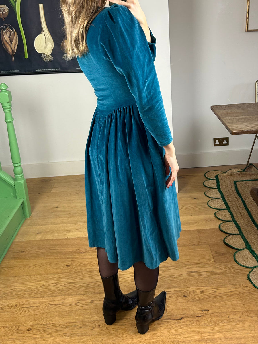 Turquoise Cotton Velvet Dress - UK 8
