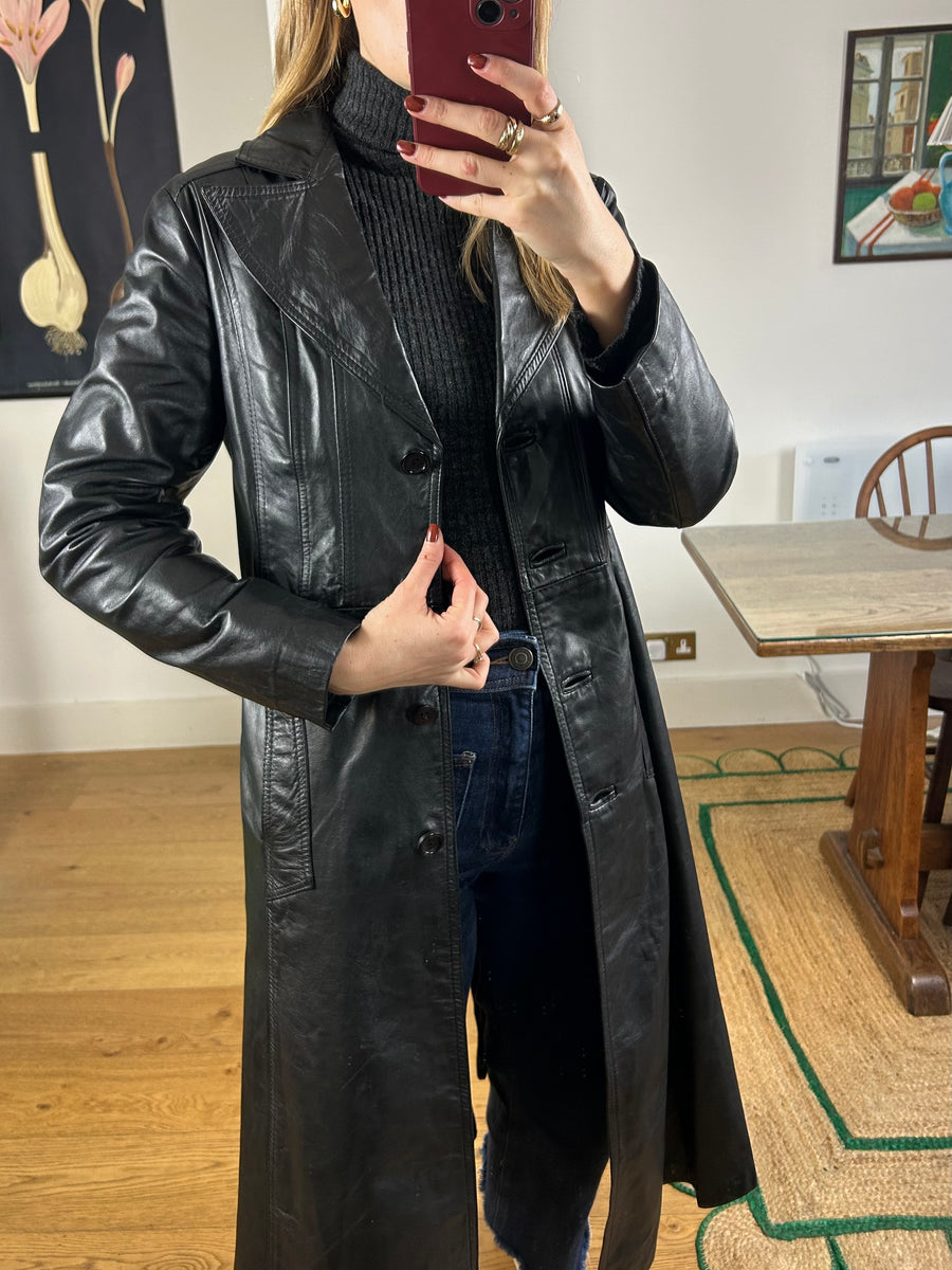 Black Leather Trench Coat - S