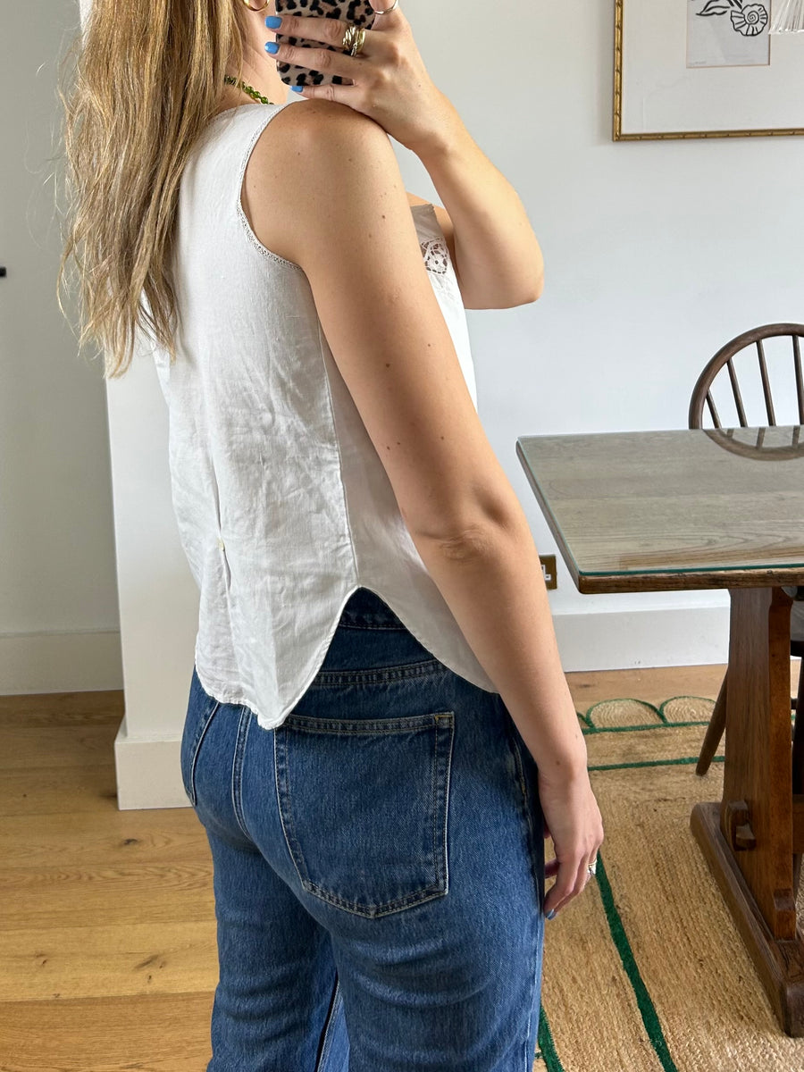 White Linen Lace Vest - S