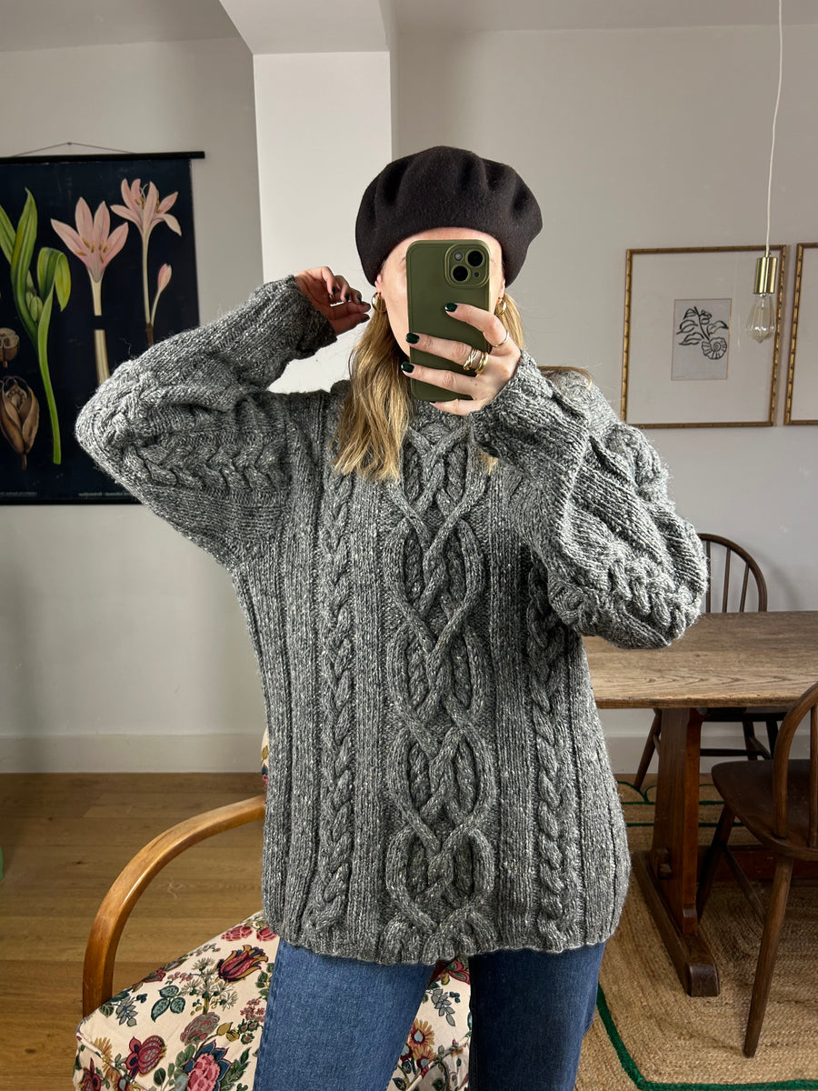 Grey Wool Cable Knit Jumper - M/L