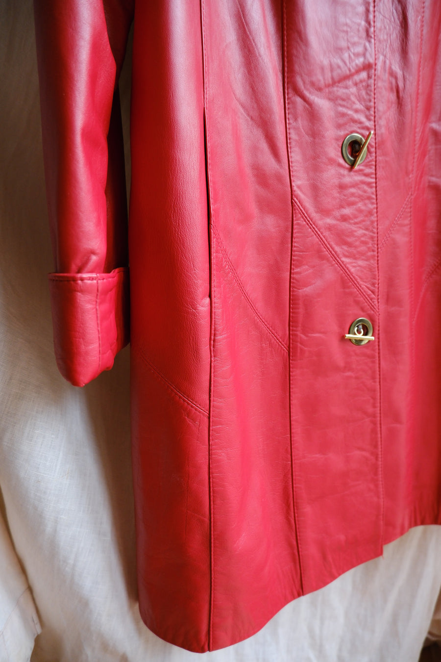 Red Leather Swing Coat - M