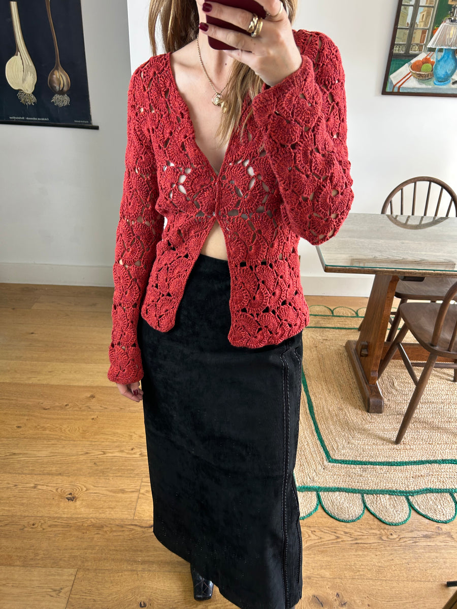 Red Crochet Cardigan - S