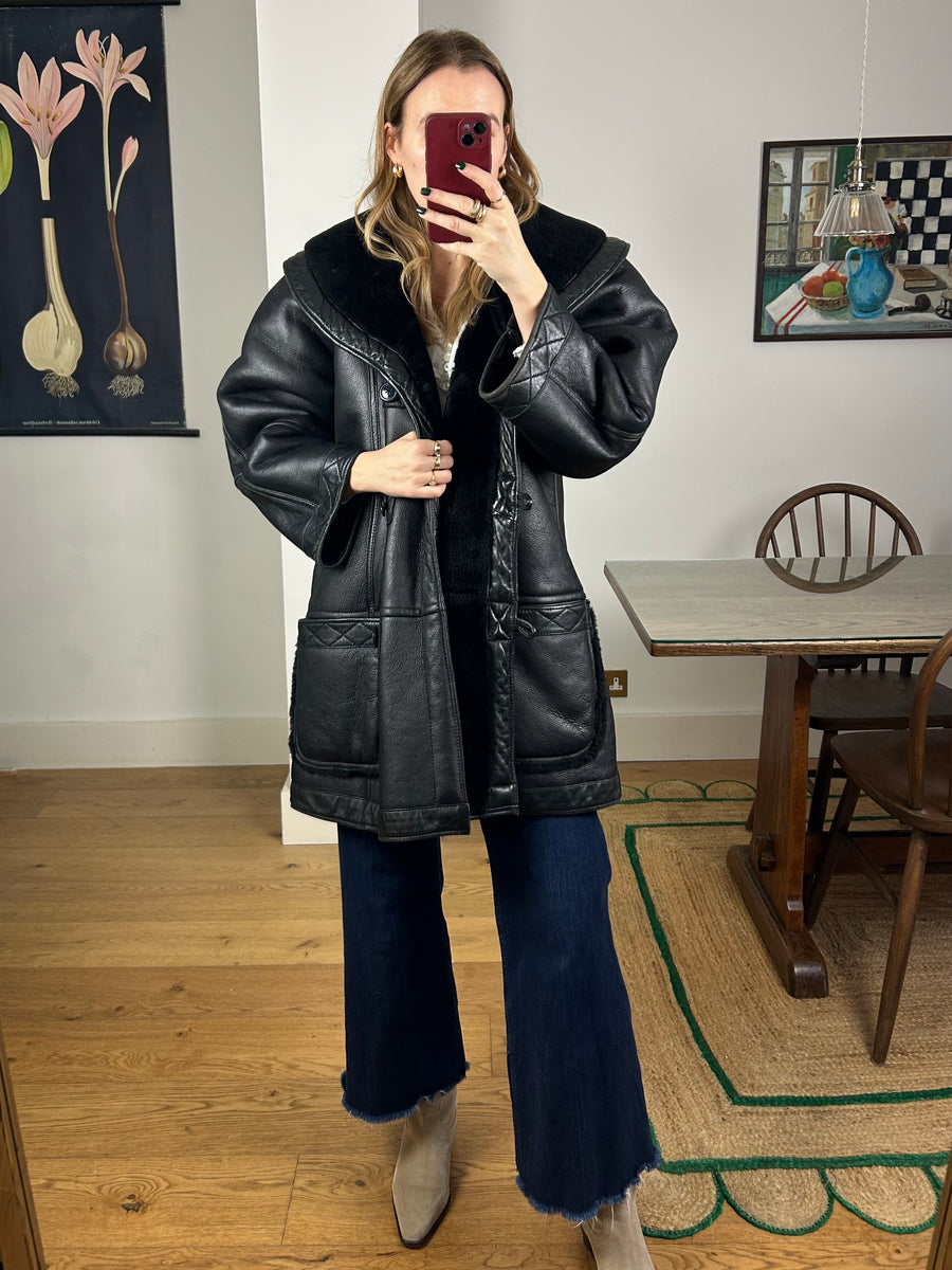 Black Leather Sheepskin Coat - L