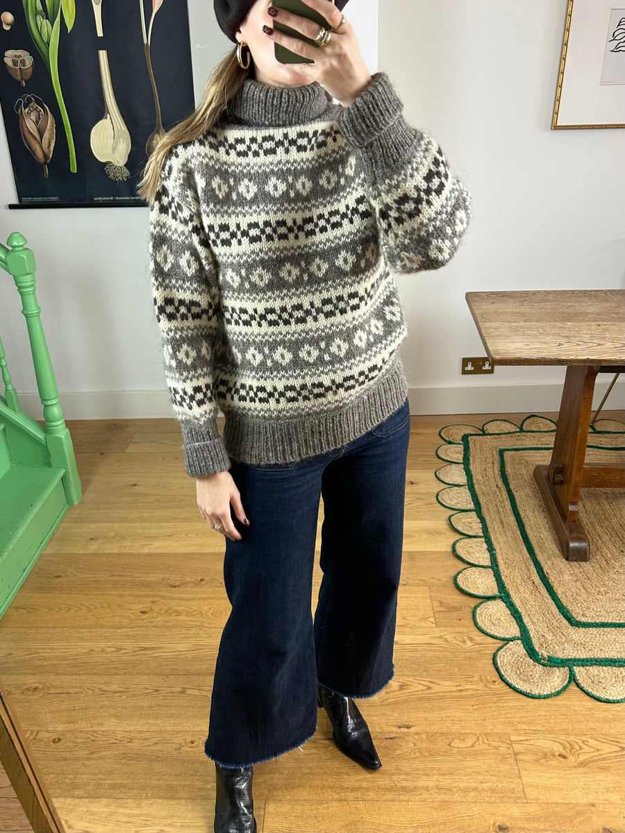 Wool Roll Neck Icelandic Jumper - M