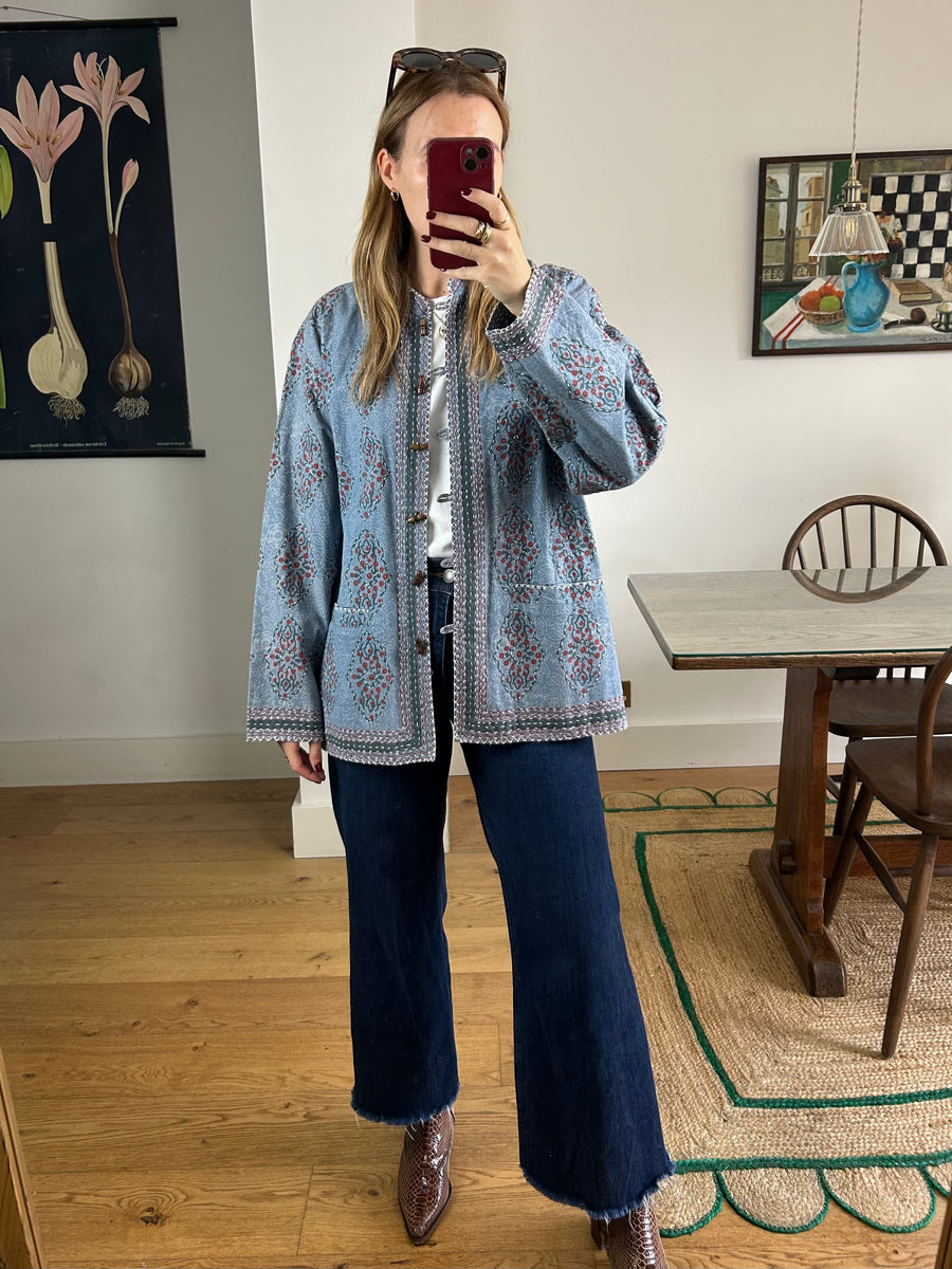 Blue Cotton Print Jacket - M-L