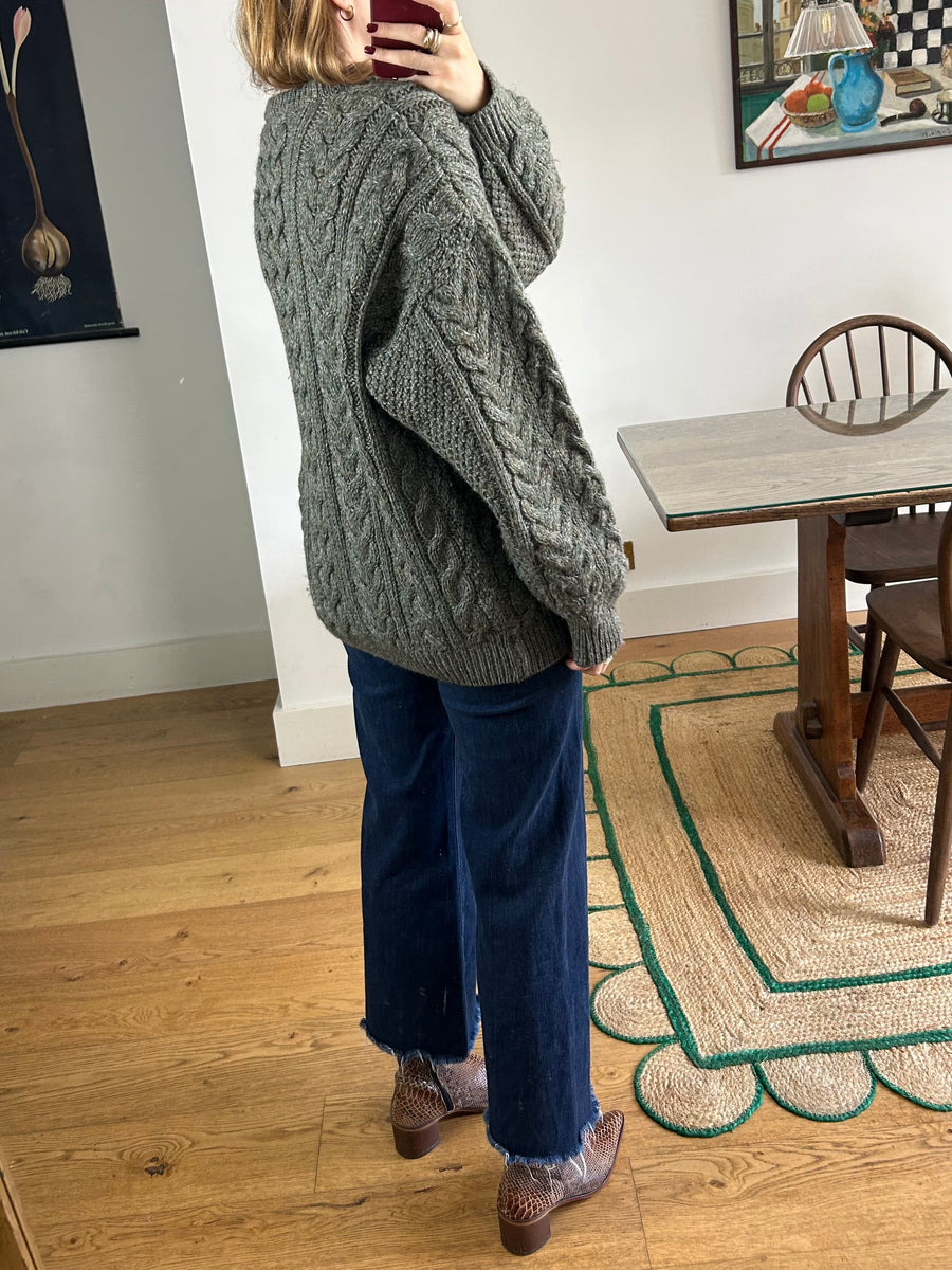 Dark Green Wool Cable Knit Jumper - L