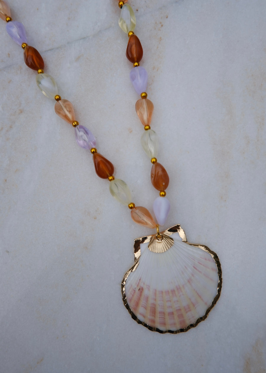 Pink Beaded Shell Pendant Necklace
