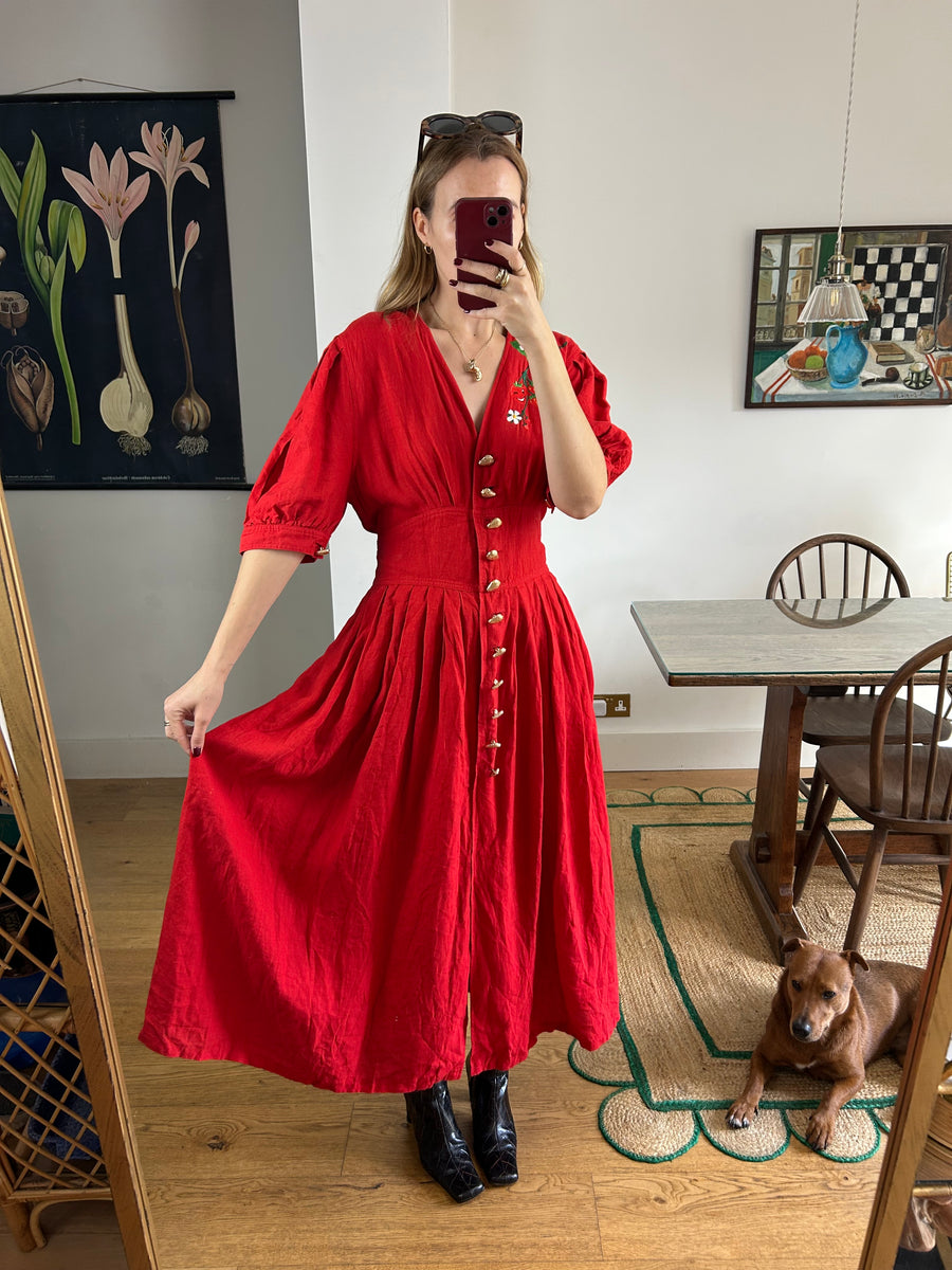 Red Linen Strawberry Dress - UK 14