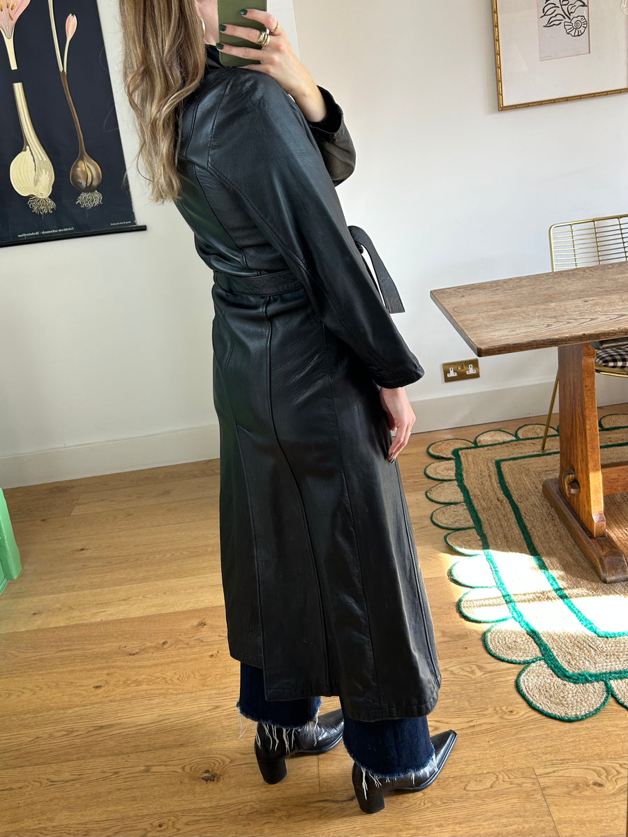 Black Leather Trench Coat - XS/S