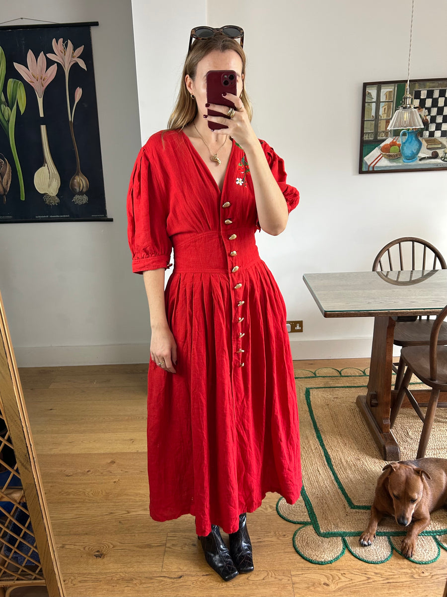 Red Linen Strawberry Dress - UK 14