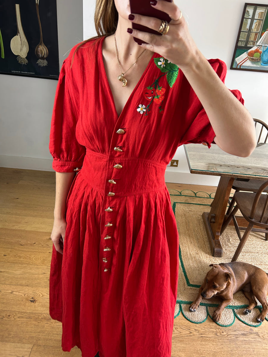 Red Linen Strawberry Dress - UK 14