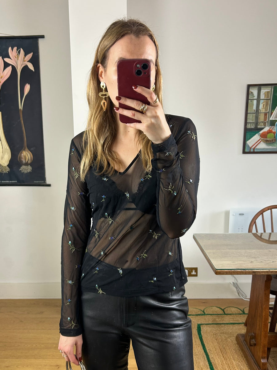 Embroidered Sheer Top - M