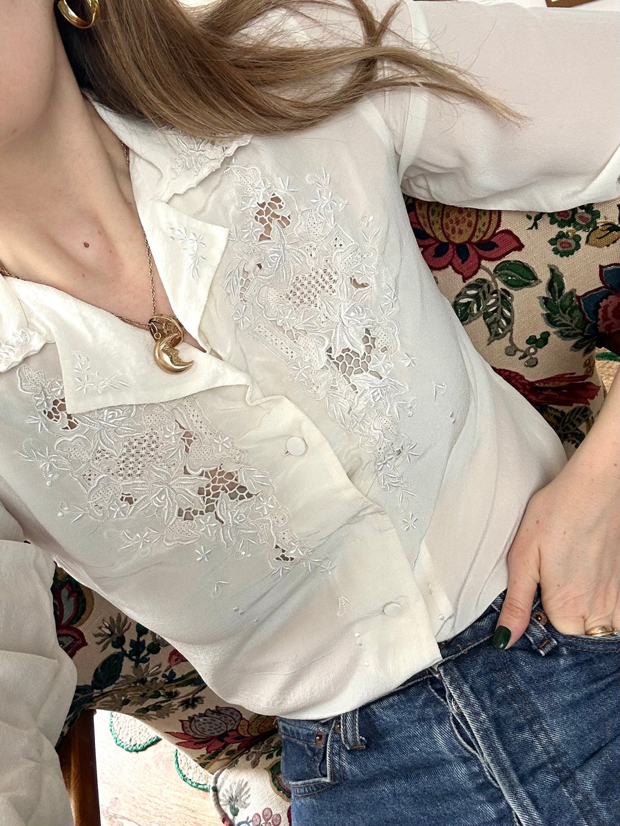 Hand Embroidered Silk Blouse - S