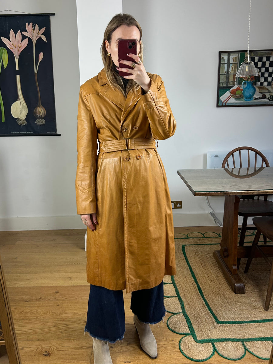 Brown Leather Trench Coat - S/M