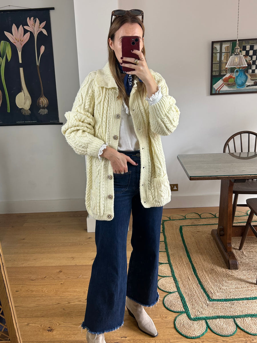 Collared Cable Knit Cardigan - L