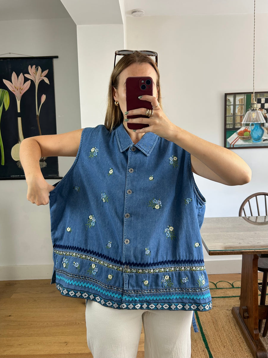 Embroidered Denim Waistcoat - XXL