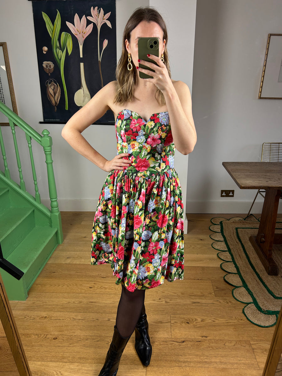 Floral Cotton Strapless Dress - UK 8