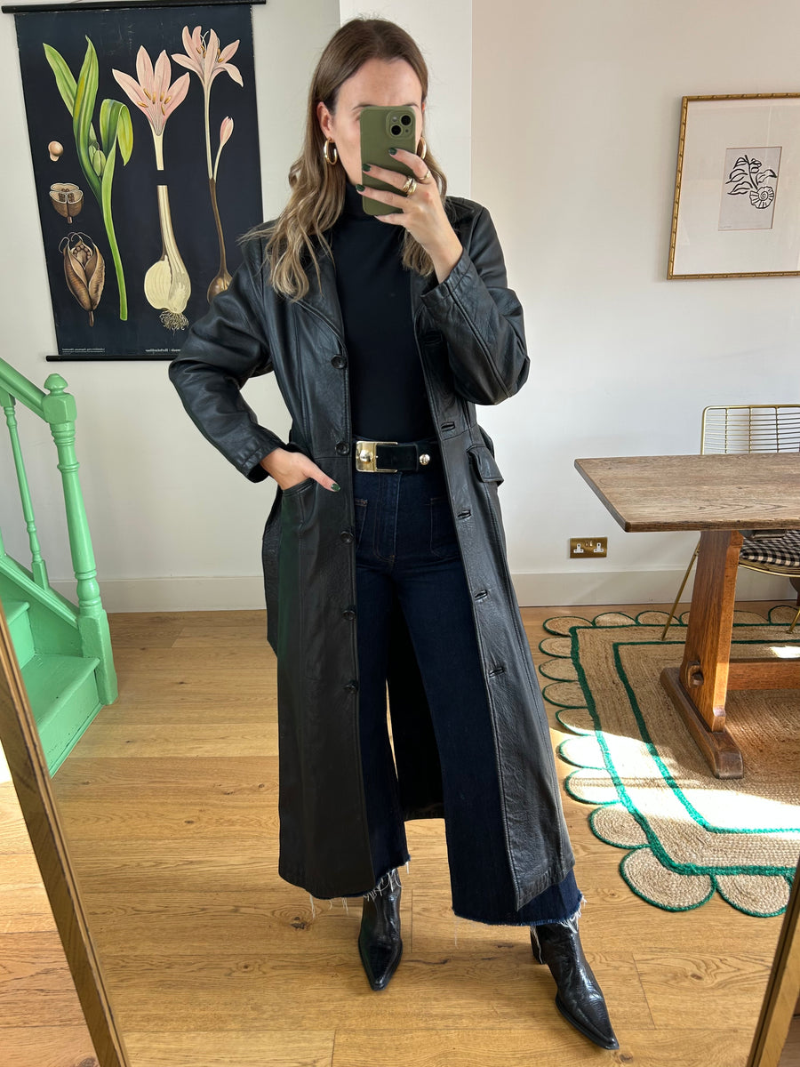 Black Leather Trench Coat - XS/S