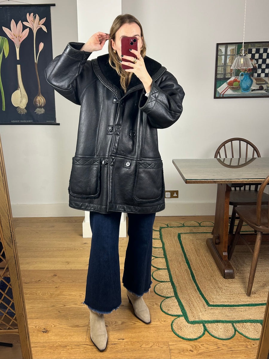 Black Leather Sheepskin Coat - L