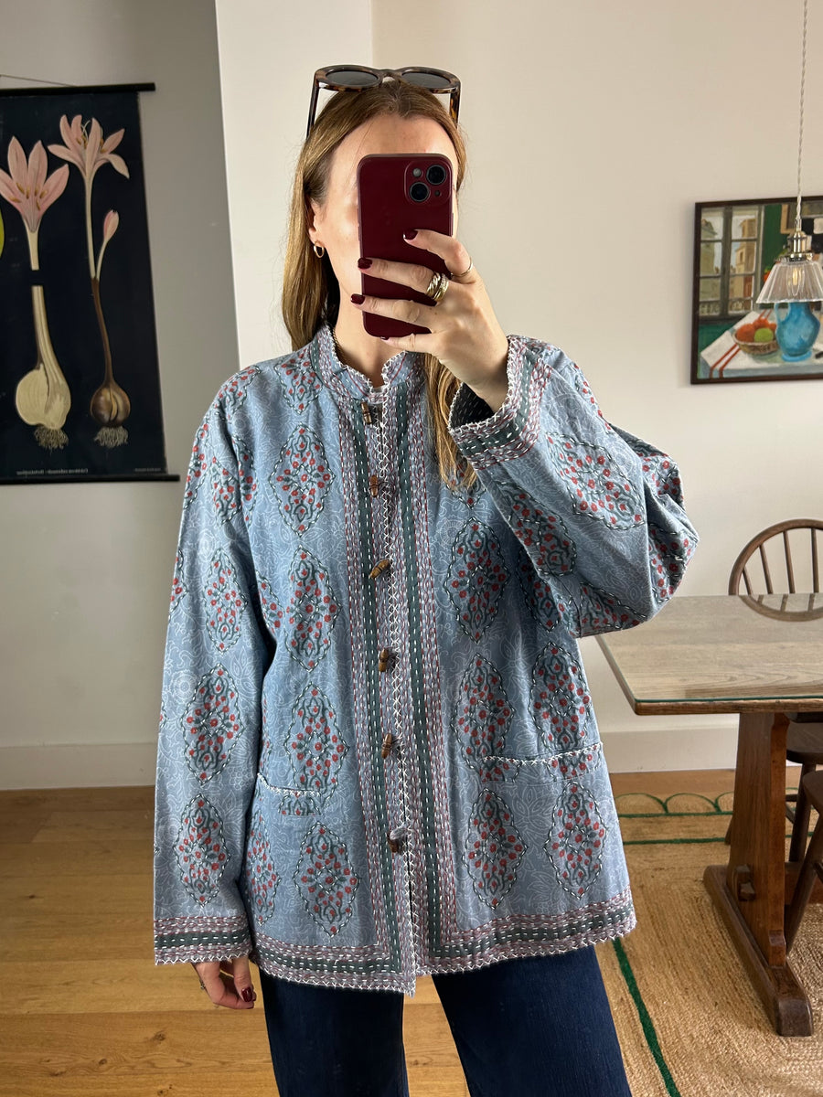 Blue Cotton Print Jacket - M-L