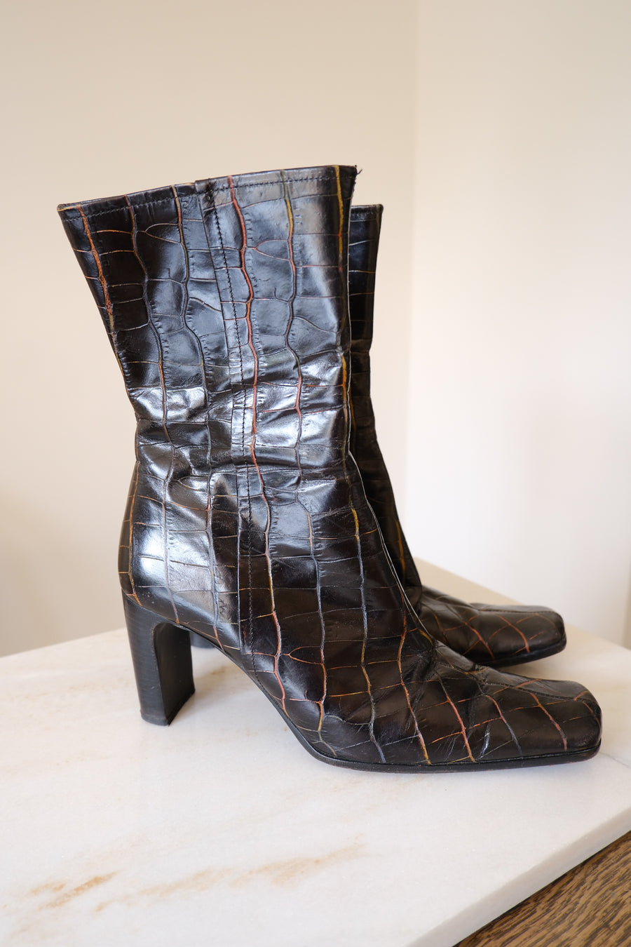 Croc-Effect Heeled Boots - UK 4
