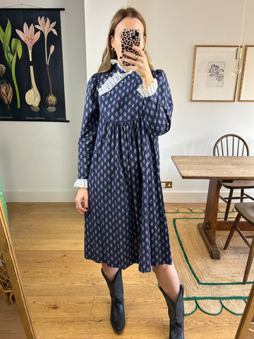 Navy Floral Lace Collar Dress - UK 8/10