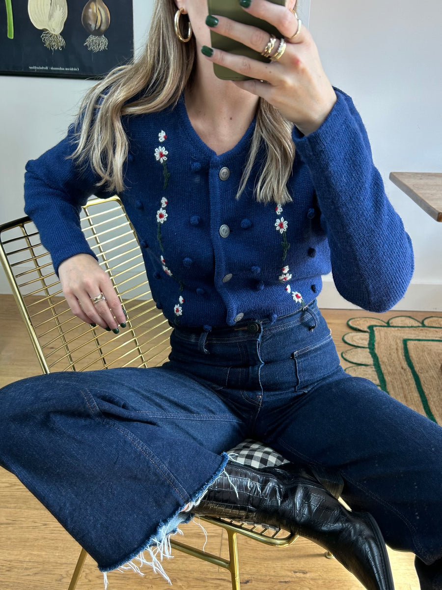 Bobble & Floral Knit Cardigan - M