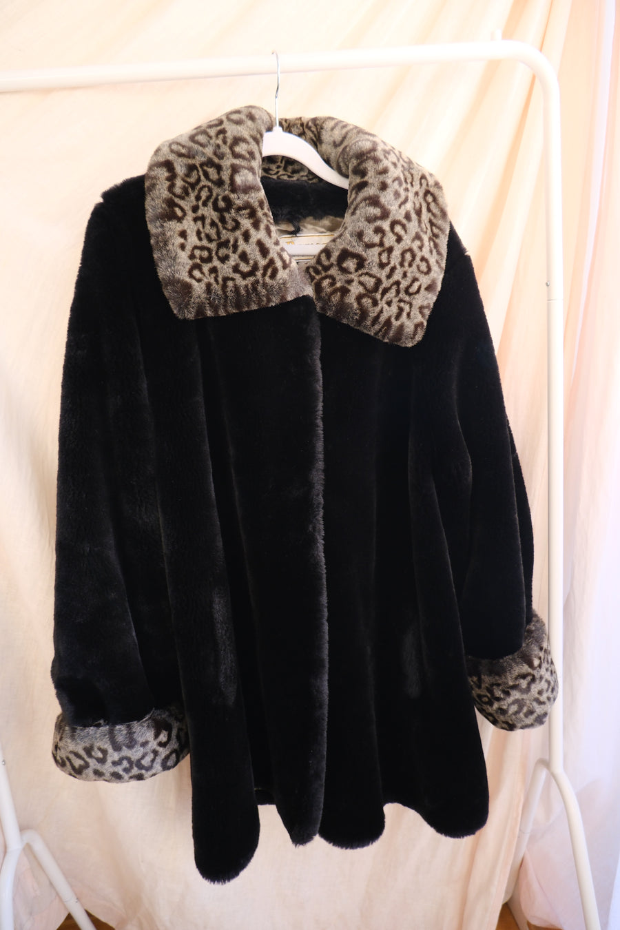 Black & Leopard Faux Fur Coat - L
