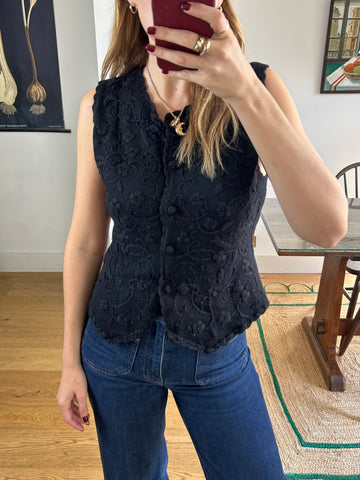 Black Embroidered Wool Waistcoat - S
