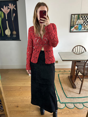 Red Crochet Cardigan - S