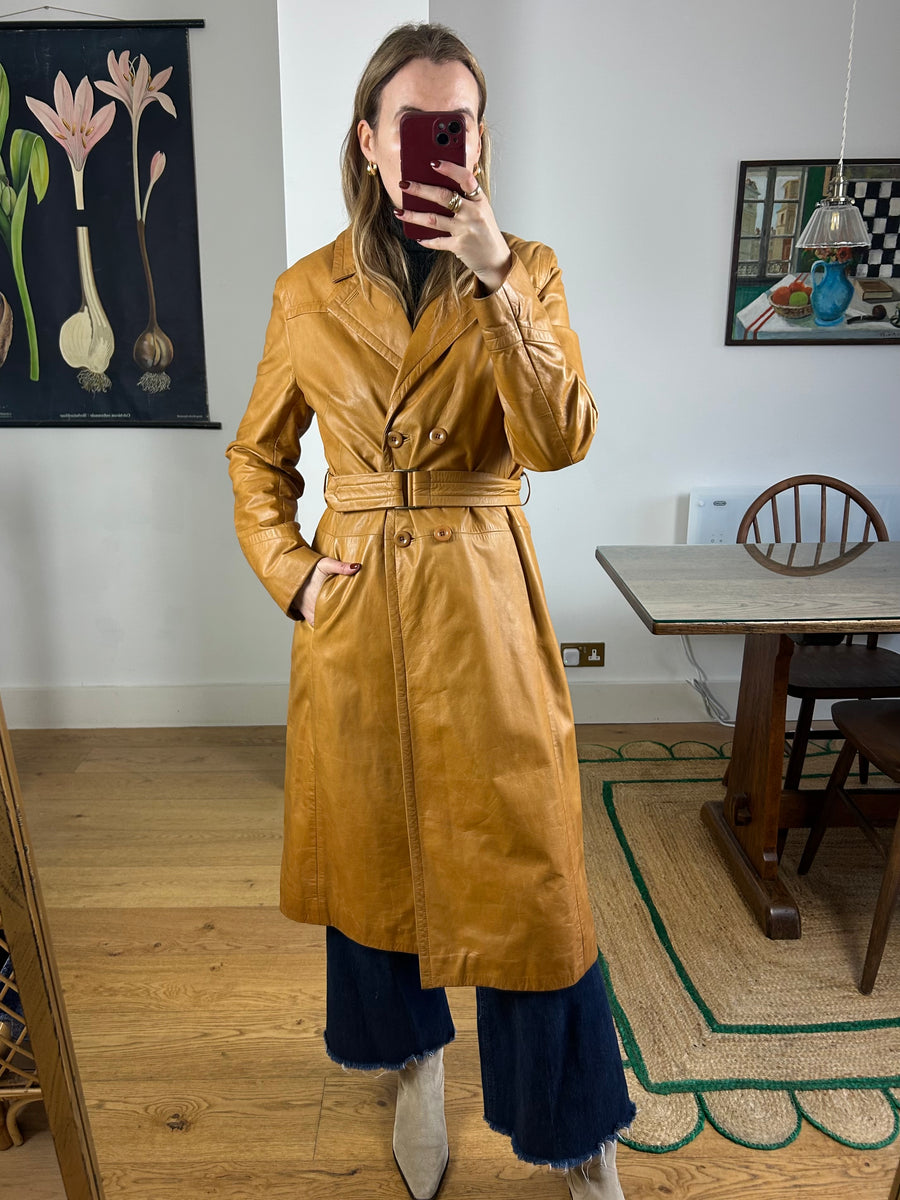 Brown Leather Trench Coat - S/M