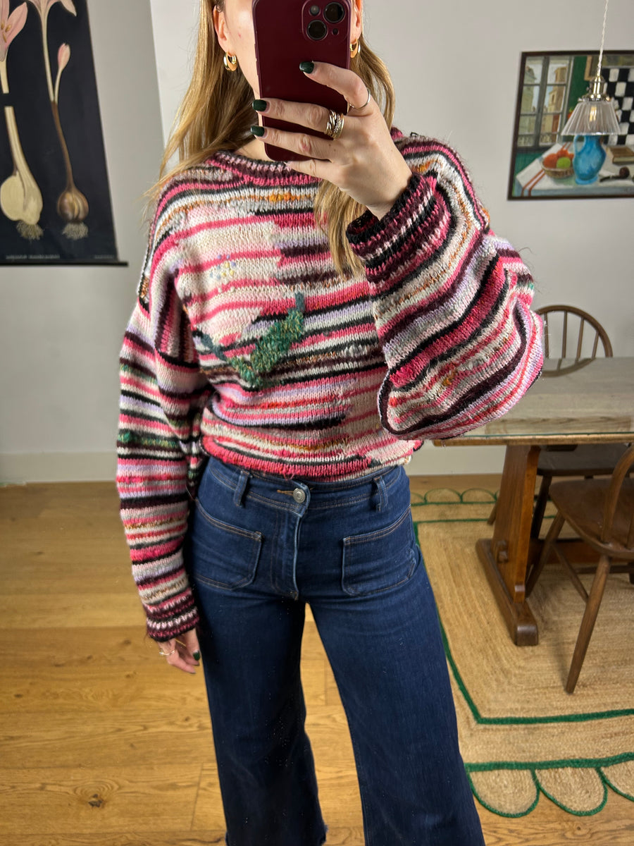 Stripe & Floral Jumper - M